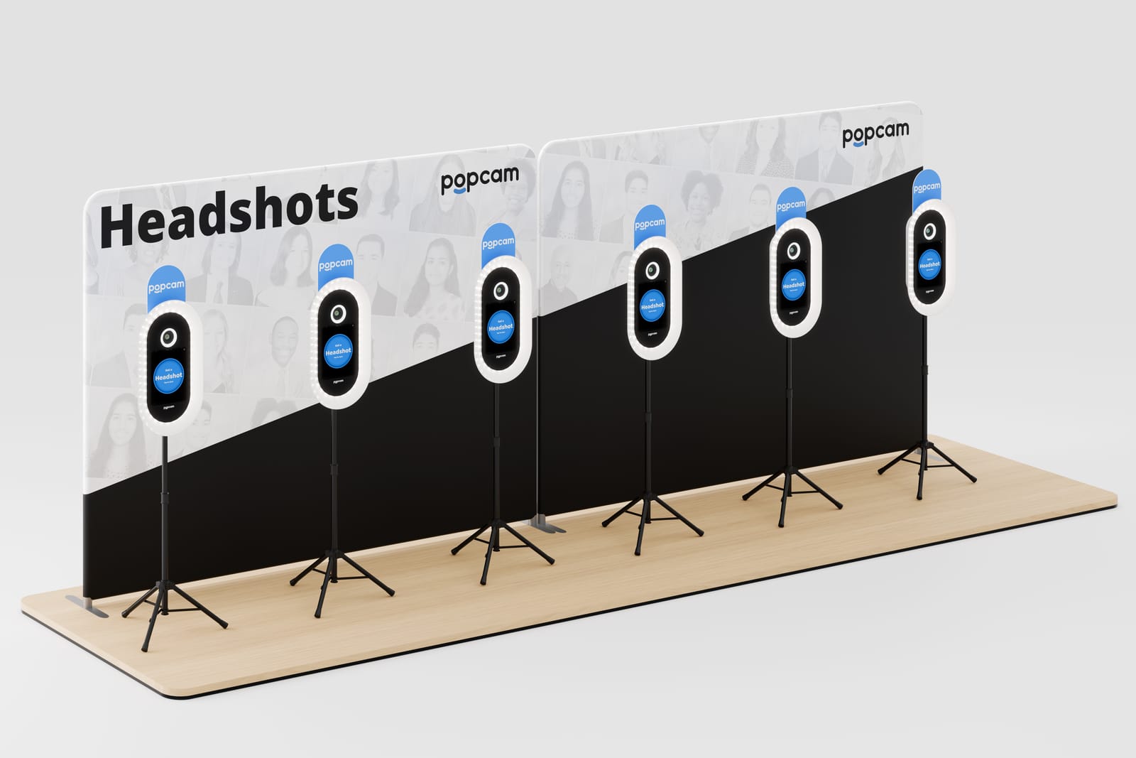 Render of a six-kiosk Popcam headshot lounge with a 20-foot branded sign